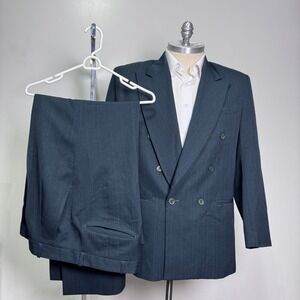 Julian‎ Loren Suit Mens 46R 38W Gray Blue Pinstripe Double Breasted Vintage
